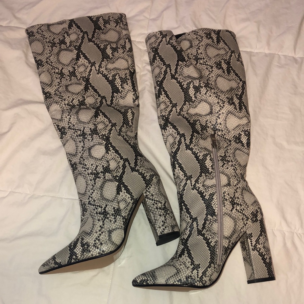 FashionNova snake skin knee high boots